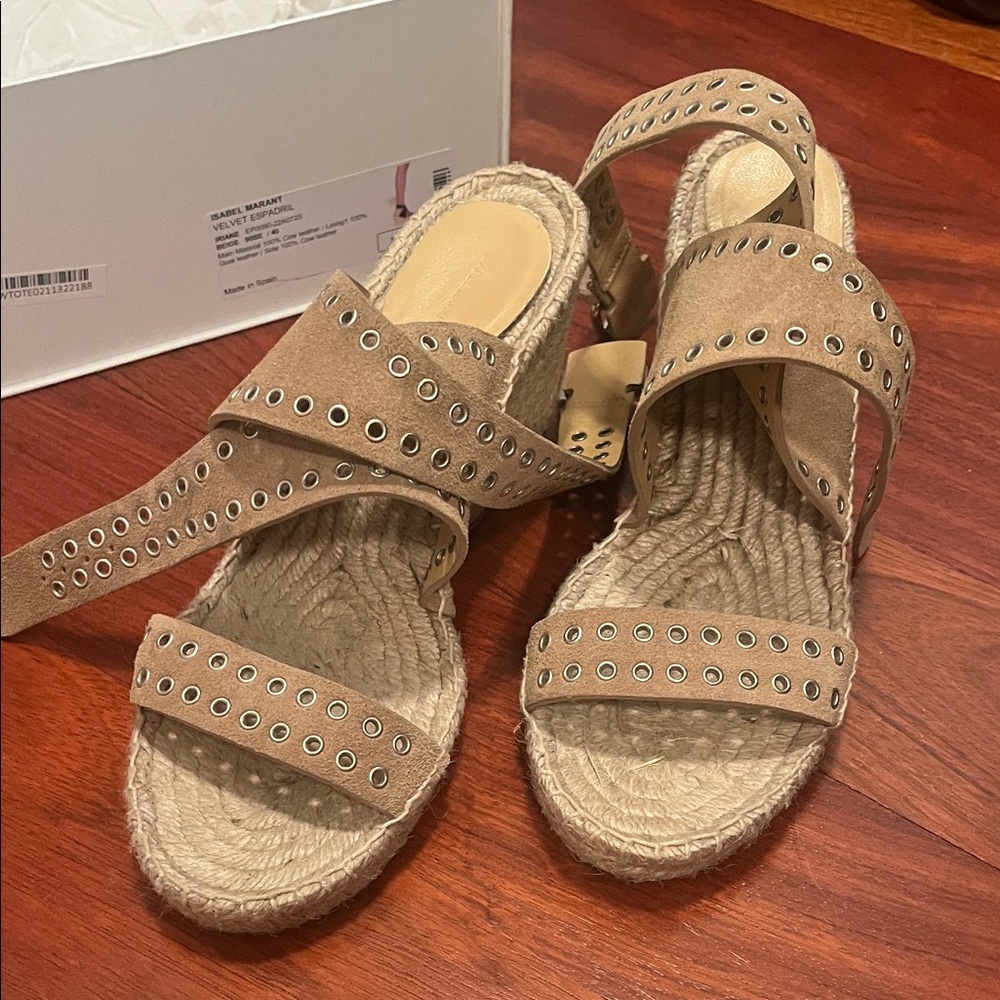 Isabel Marant Tan Espadrille Sandals with Eyelet Accents